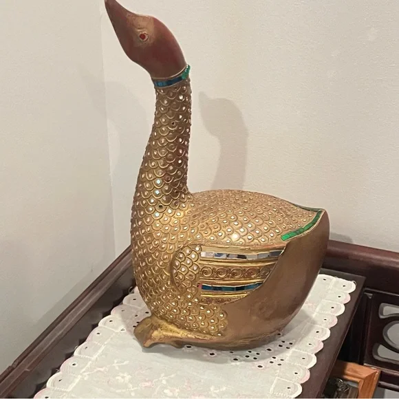 Folk Art Hand Carved Wood Decorated Golden Goose Sculpture Embossed Stone Carved - Picture 8 of 12
